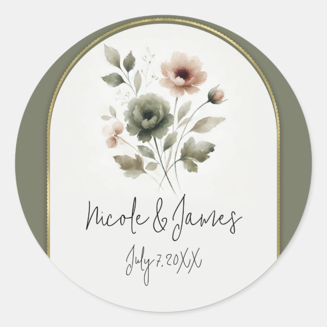 Sticker Rond Aquarelle rose et or d'olive poussiéreux (Devant)