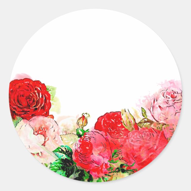 Sticker Rond Aquarelle rose et rouge rustique Rose frontière fl (Devant)