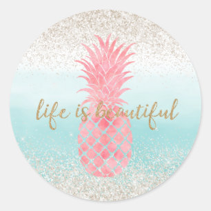 Sticker Rond Aquarelle rose Fille Ananas tropical