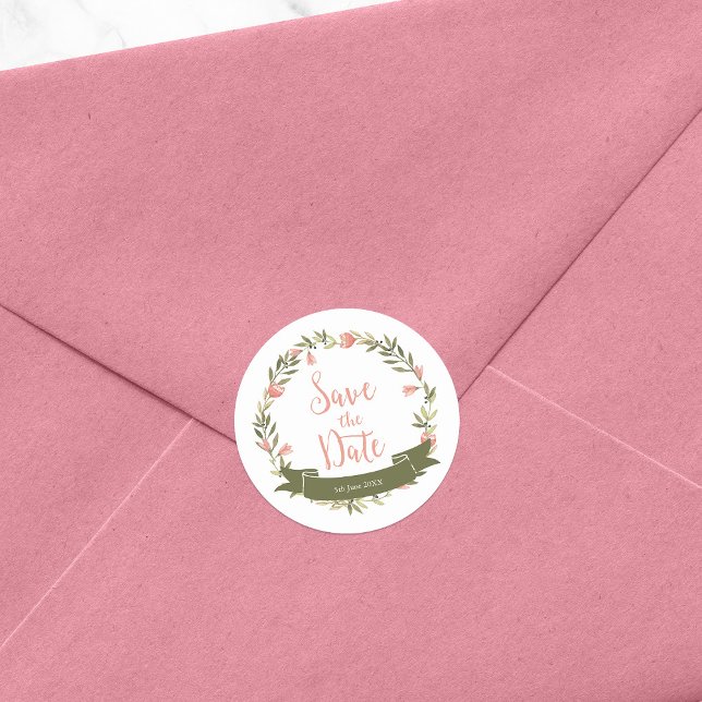 Sticker Rond Aquarelle rose Fleur couronne Enregistrer la date (Créateur téléchargé)