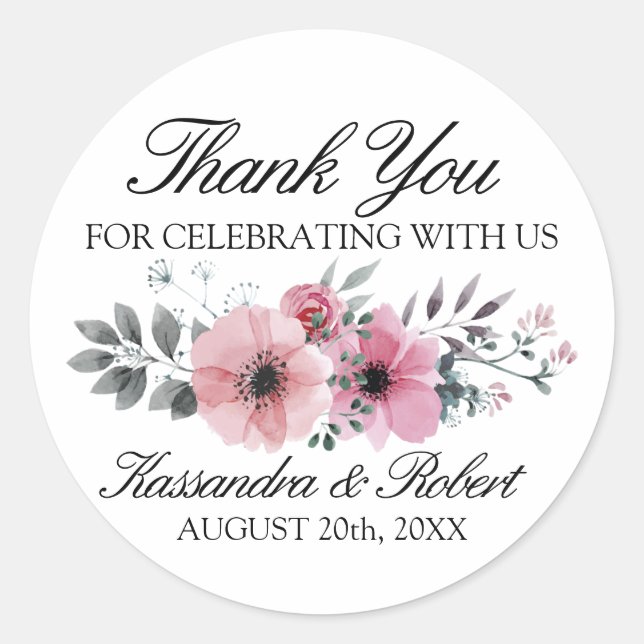 Sticker Rond Aquarelle rose Fleurs d'anémones Merci Mariage (Devant)
