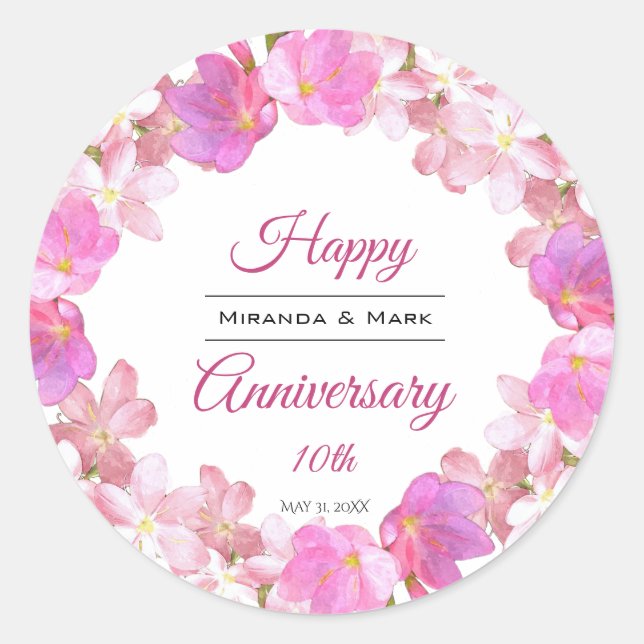 Sticker Rond Aquarelle rose Floral Anniversaire Wreath (Devant)