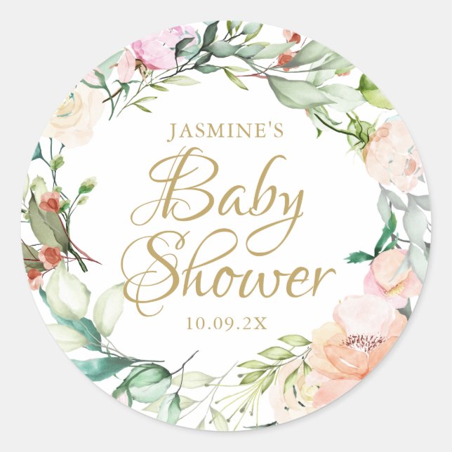 Sticker Rond Aquarelle Rose Floral Baby shower de script or (Devant)