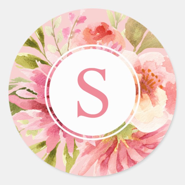 Sticker Rond Aquarelle rose Floral Monogramme initial (Devant)