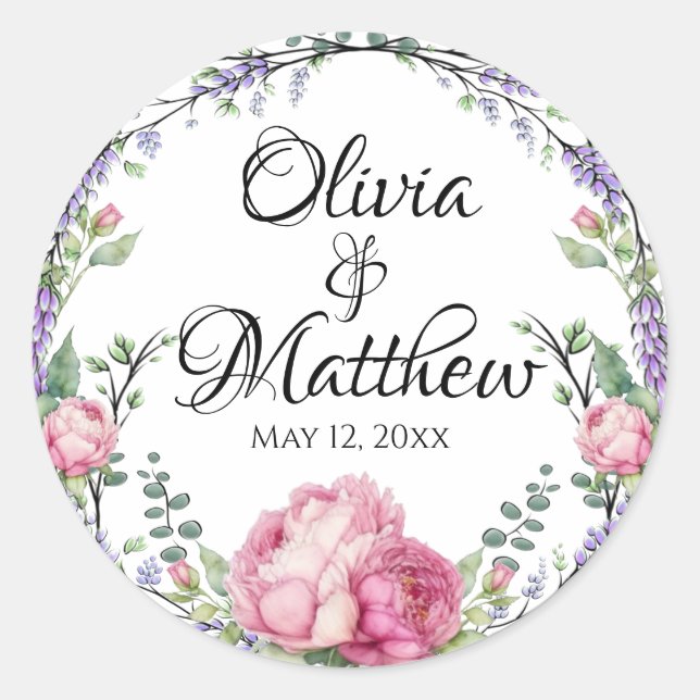 Sticker Rond Aquarelle rose floraux lavande éducalyptus (Devant)