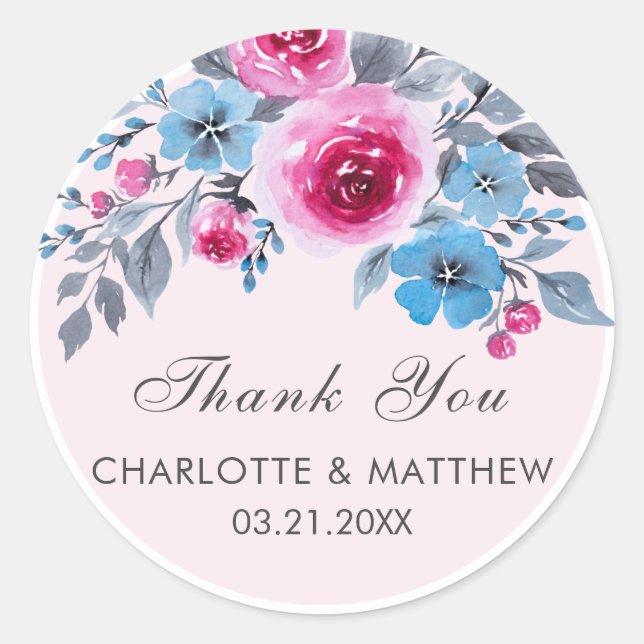 Sticker Rond Aquarelle rose Mariage Merci (Devant)