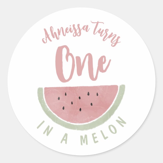 Sticker Rond Aquarelle rose mignonne un dans un Melon Anniversa (Devant)