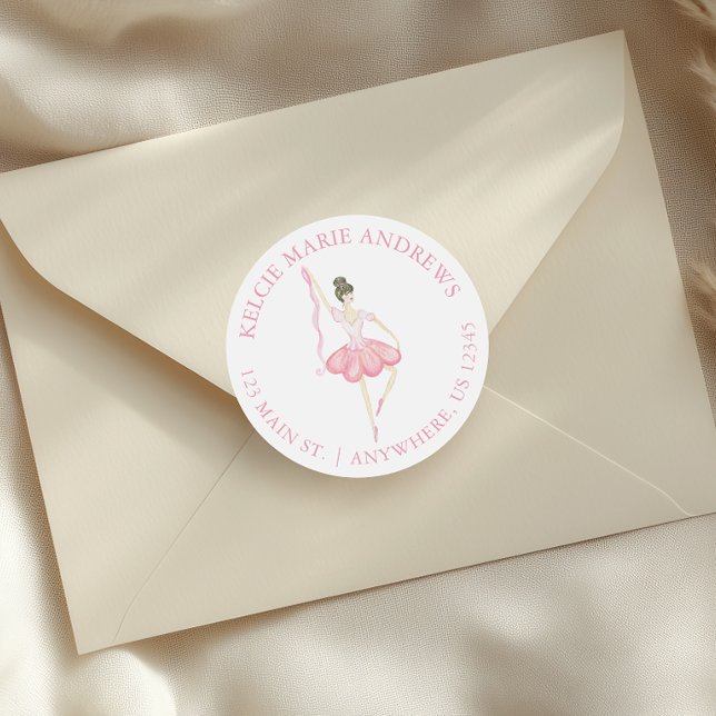 Sticker Rond Aquarelle rose Noël Ballerina Adresse de retour (Créateur téléchargé)
