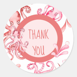 Sticker Rond Aquarelle rose Octopus Sea Baby Girl Merci