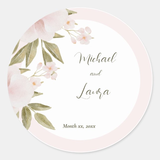 Sticker Rond Aquarelle rose pâle Élégante Mariage floral (Devant)