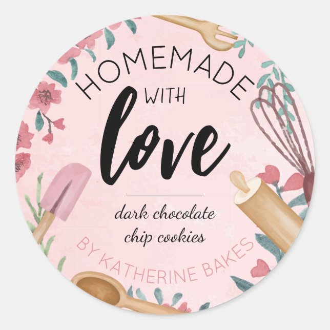 Sticker Rond Aquarelle rose pâle Floral & Ustensile de cuisson (Devant)