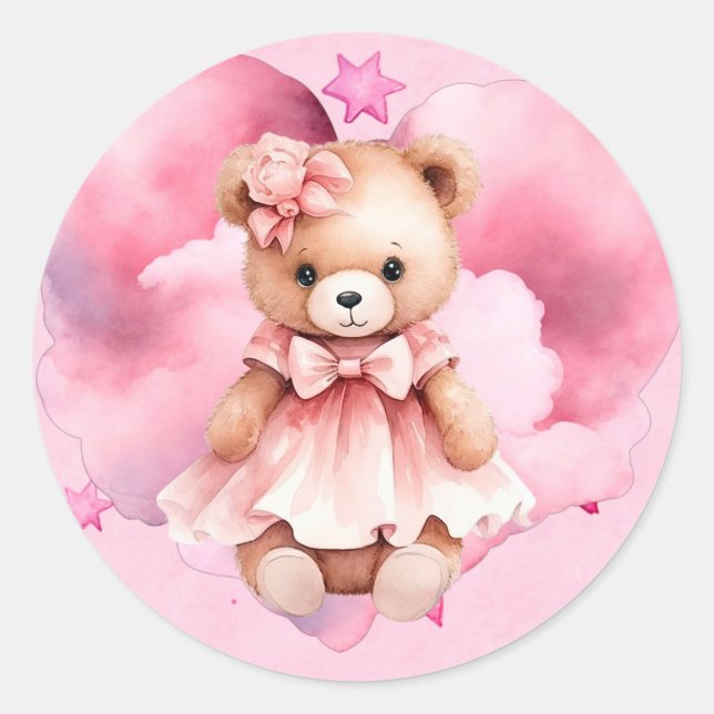 Sticker Rond Aquarelle rose pâle Teddy Bear Girl Baby shower (Devant)