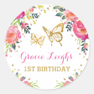 Sticker Rond Aquarelle rose papillon d'or 1er anniversaire Flor