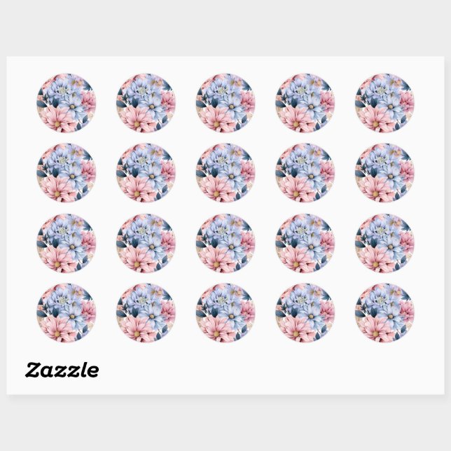 Sticker Rond Aquarelle rose pastel et fleurs bleues (Feuille)