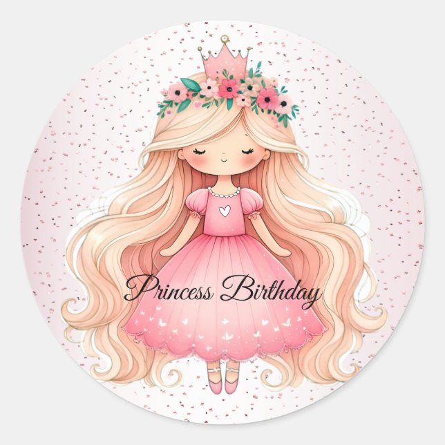 Sticker Rond Aquarelle rose princesse Anniversaire (Devant)