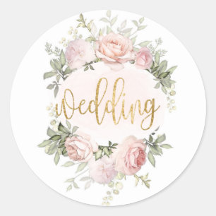 Sticker Rond Aquarelle rose printemps Roses Peony Mariage or