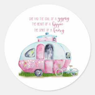 Sticker Rond Aquarelle rose Retro Vintage Camper Glamper