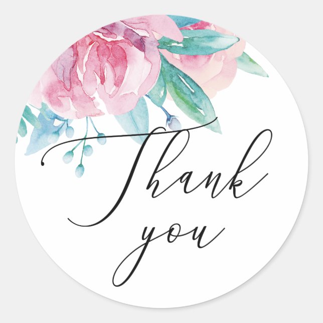 Sticker Rond Aquarelle rose rose mariage floral merci (Devant)