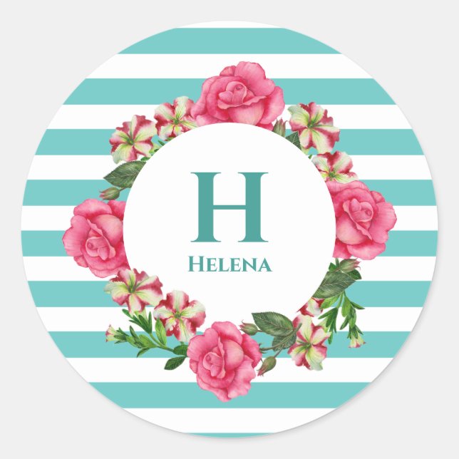 Sticker Rond Aquarelle rose rose rouge blanc pétunias Monogramm (Devant)