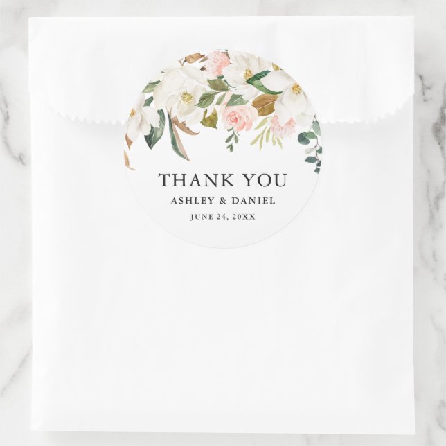 Sticker Rond Aquarelle rose Roses blanches Magnolias Mariage (Sac)