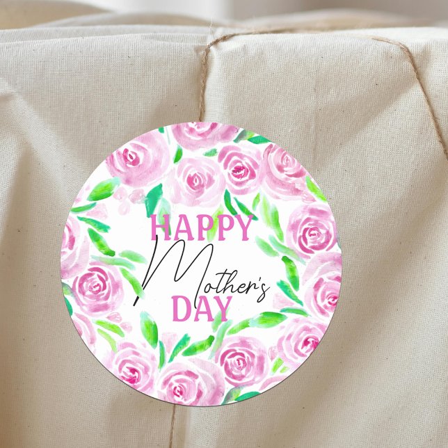 Sticker Rond Aquarelle rose Roses Vert Feuille Fête des mères (Créateur téléchargé)