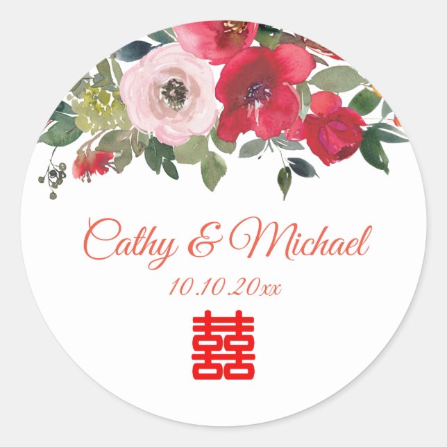 Sticker Rond Aquarelle rose rouge floral moderne mariage chinoi (Devant)
