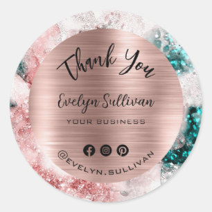 Sticker Rond Aquarelle rose Turquoise Merci élégant