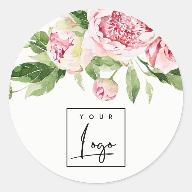Sticker Rond Aquarelle rose vert Peony Floral Logo d'affaires (Devant)