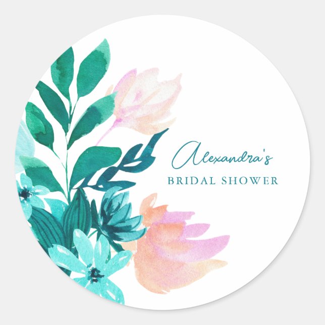 Sticker Rond Aquarelle rose-vert personnalisée Fête des mariées (Devant)