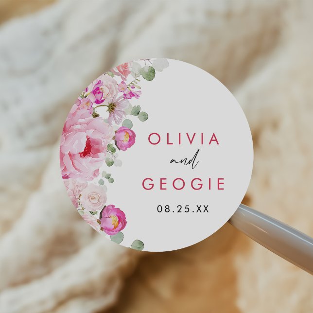 Sticker Rond Aquarelle rose vif Mariage de pivoine florale (Créateur téléchargé)