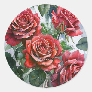 Sticker Rond Aquarelle Roses rouges avec Feuilles verts