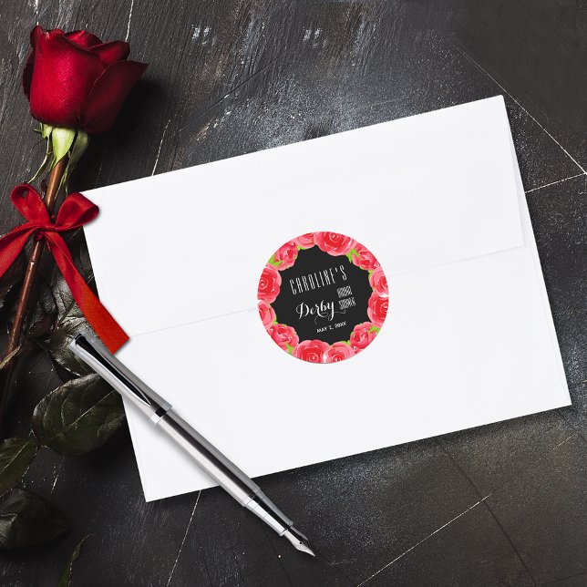 Sticker Rond Aquarelle Roses rouges Fête des mariées Derby (Watercolor red roses Derby-theme bridal shower round envelope seal stickers)