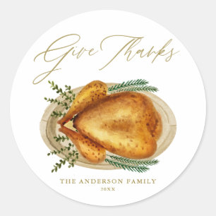 Sticker Rond Aquarelle rôtie Turquie Thanksgiving Merci