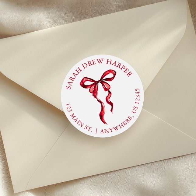 Sticker Rond Aquarelle rouge Bow Adresse de retour (Créateur téléchargé)