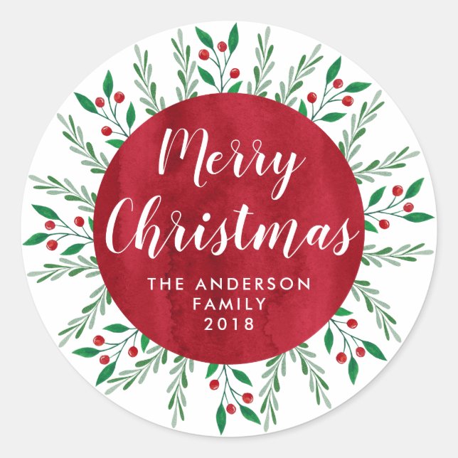 Sticker Rond Aquarelle rouge de Noël personnalisée Floral (Devant)