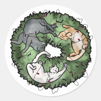 Sticker Rond Aquarelle rouge et vert Chat Noël