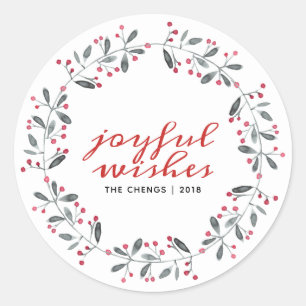 Sticker Rond Aquarelle rouge et verte Noël Holly Monogramme