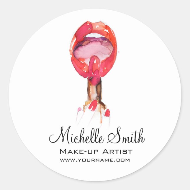 Sticker Rond Aquarelle rouge lèvres et marque de maquillage rou (Devant)