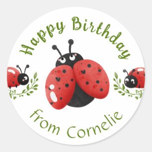 Sticker Rond Aquarelle rouge mignonne Ladybug joyeux anniversai