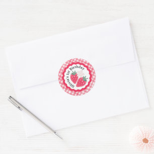Sticker Rond Aquarelle rouge Plaid & fraise 1er anniversaire