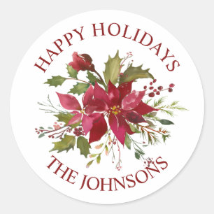 Sticker Rond Aquarelle Rouge Poinsettia Noël Joyeux Fêtes