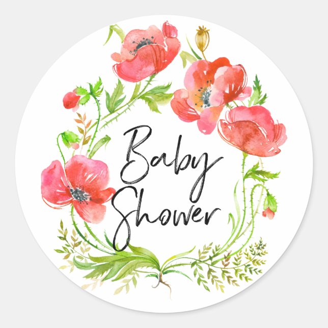 Sticker Rond Aquarelle Rouge Poppies Baby shower de couronne (Devant)
