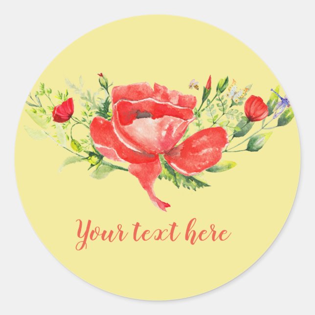 Sticker Rond Aquarelle Rouge Poppies Personnalisé (Devant)