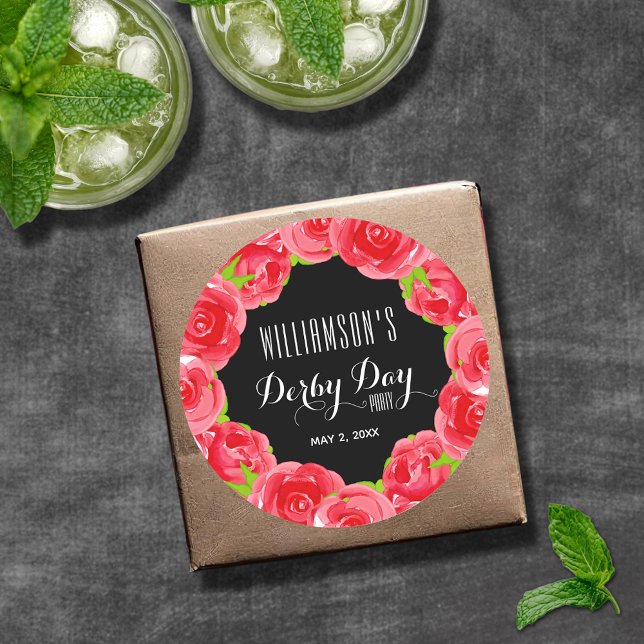 Sticker Rond Aquarelle Rouge Roses Derby Day (Watercolor red roses Derby Day round stickers - in 2 sizes)