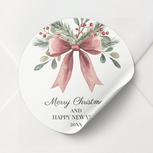 Sticker Rond Aquarelle Rouge Ruban Bow Holly Simple Noël (Watercolor Red Ribbon Bow Holly Simple Christmas Classic Round Sticker)