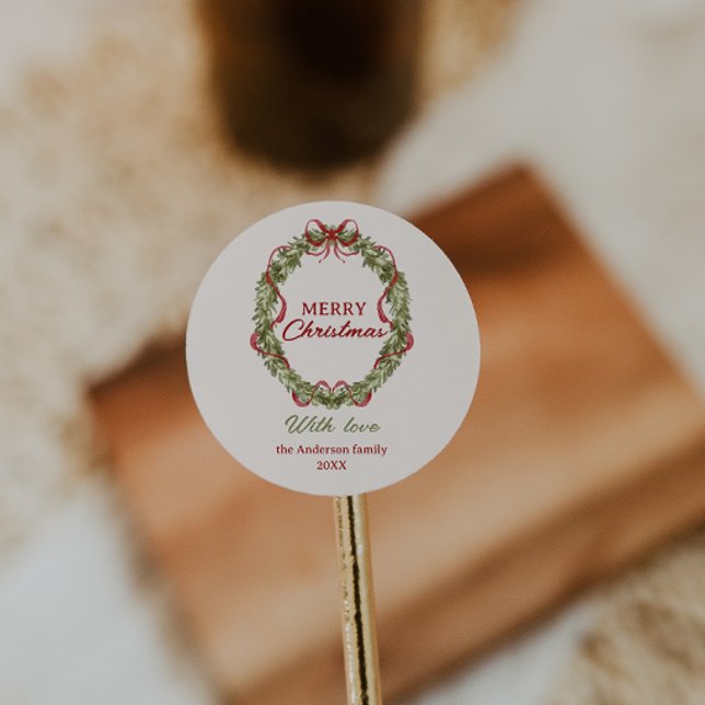 Sticker Rond Aquarelle Rouge Vert Bow Wreath Joyeux Noël (Créateur téléchargé)