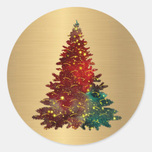 Sticker Rond Aquarelle rouge vert tendance Arbre d'or Noël