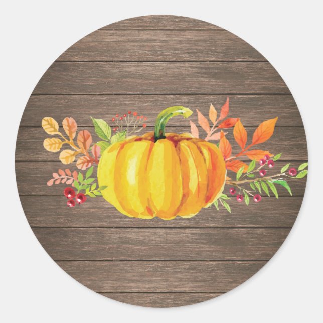 Sticker Rond Aquarelle Rustique Automne Citrouille (Devant)