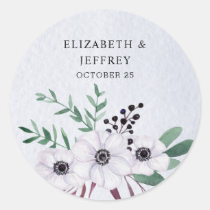 Sticker Rond Aquarelle rustique Dusty Bleu Blanc Floral Mariage