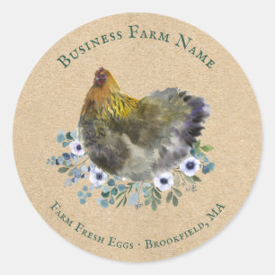 Sticker Rond Aquarelle rustique ferme oeuf frais Floral Hen